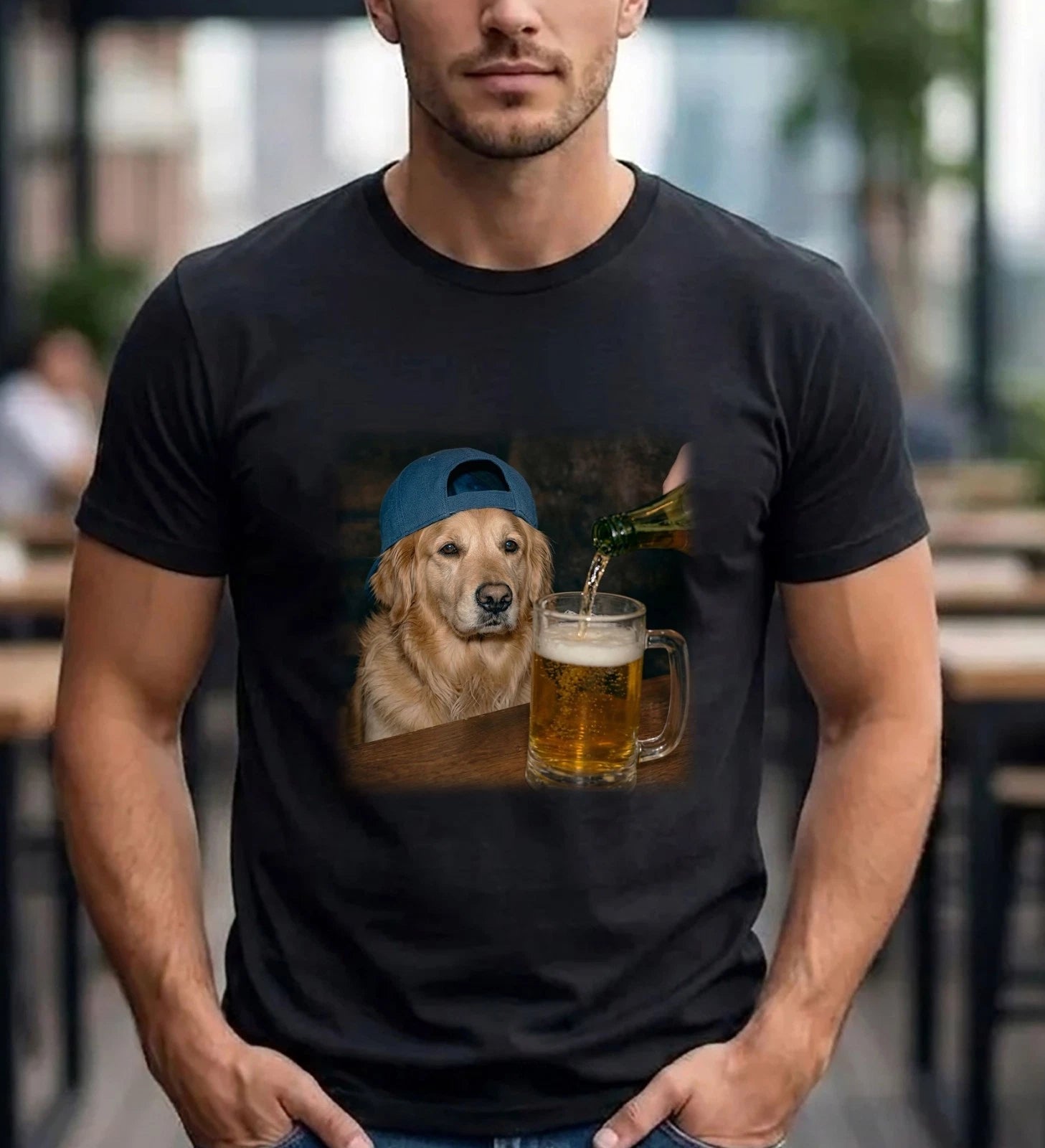 Golden Retriever Beer T-Shirt Cute Dog Tee Backward Cap Men Women Shirt