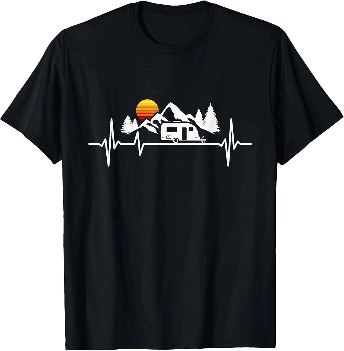 Camping Heartbeat RV Trailer Graphic Tee for Outdoor Enthusiasts Sizes S-5XL