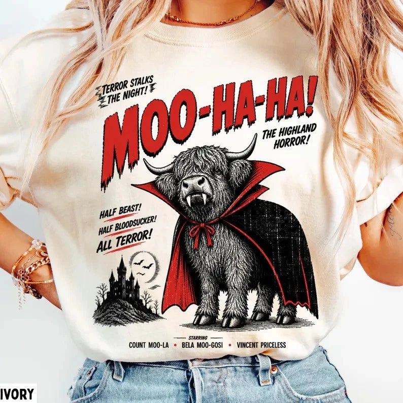 Highland Cow Halloween Shirt Moo haha Vampire Cow Shirt Spooky T-Shirt S-3XL Image 1 of 3