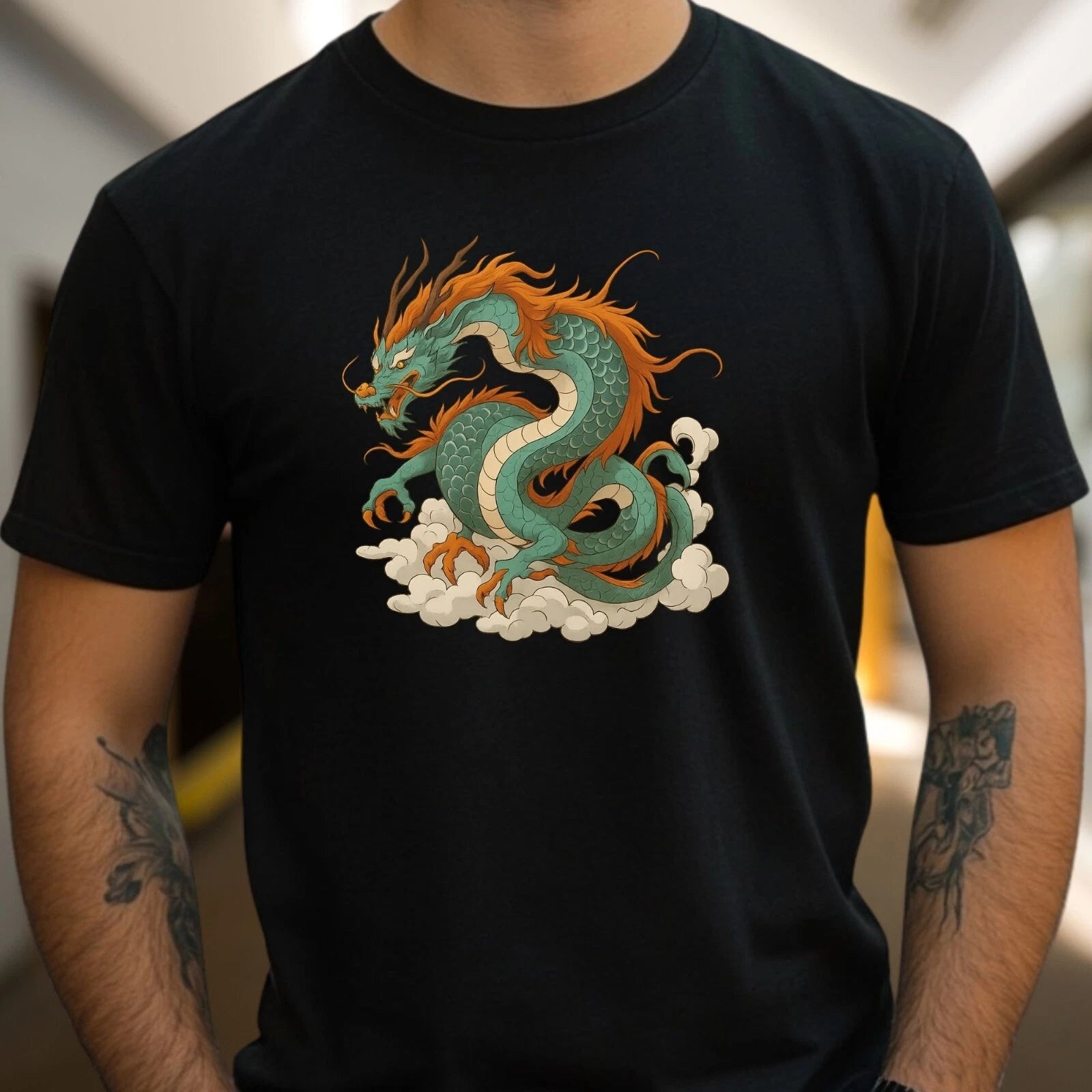 Mens Dragon Motif Cotton T-Shirt Size XS to 5XL