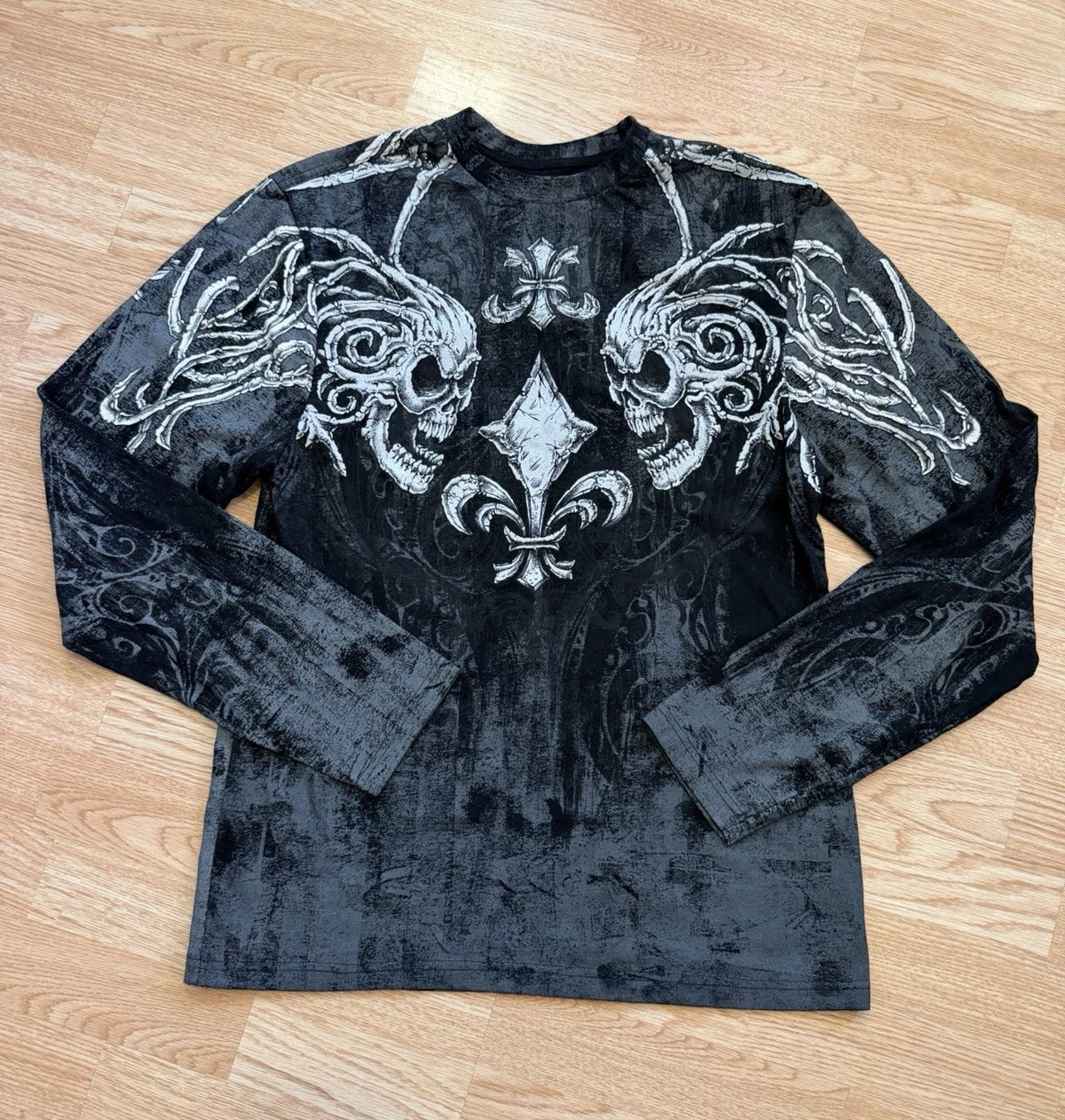 Y2K Mall Goth Skull Fleur De Lis Graphic Long Sleeve Tee M