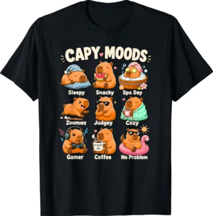 Cute Capybara Moods Funny Animal Graphic Illustration T-Shirt
