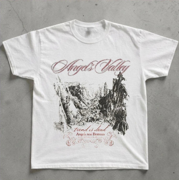 NWT Y2K Angels Valley Distressed Graphic T-Shirt White Gothic Grunge Tee