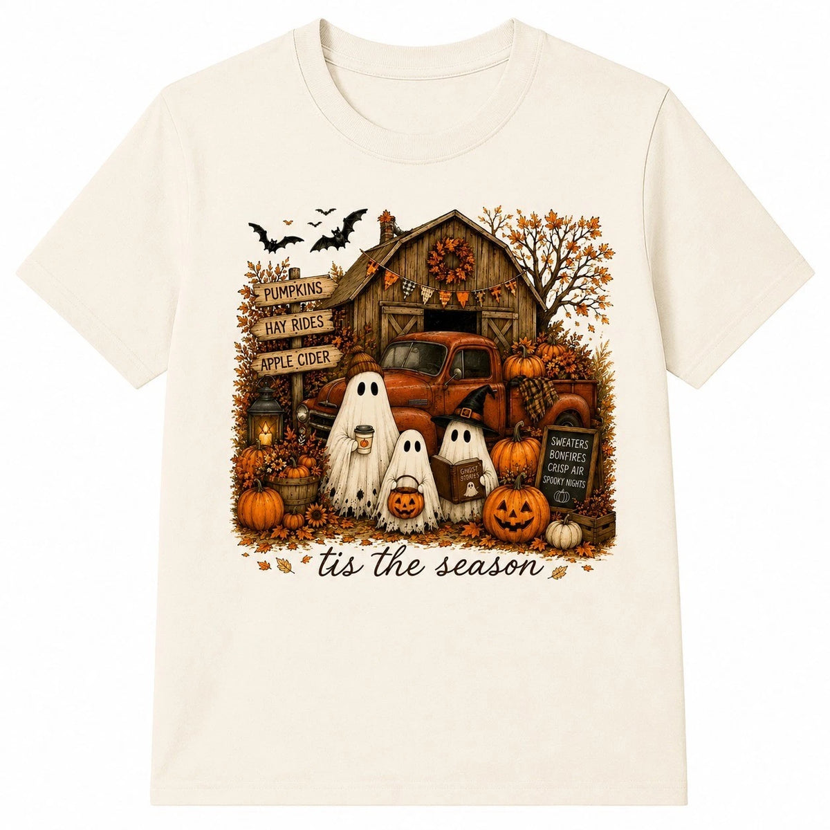Cute Ghost Pumpkin Patch T-Shirt Farmhouse Halloween Floral Fall Graphic Tee