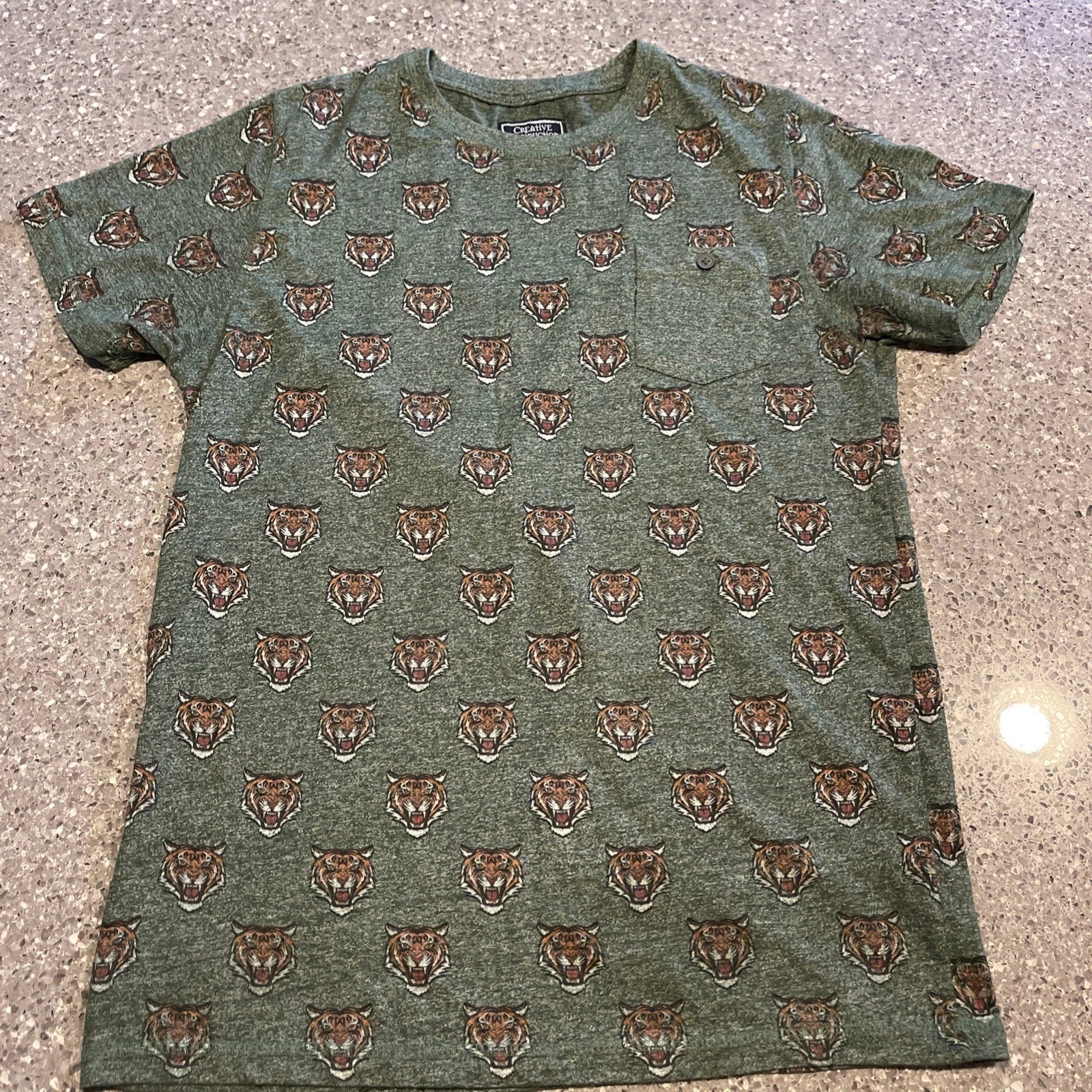 Creative Destruction Men’s Med. Short Sleeve Tiger Pattern Green Graphic T Shirt