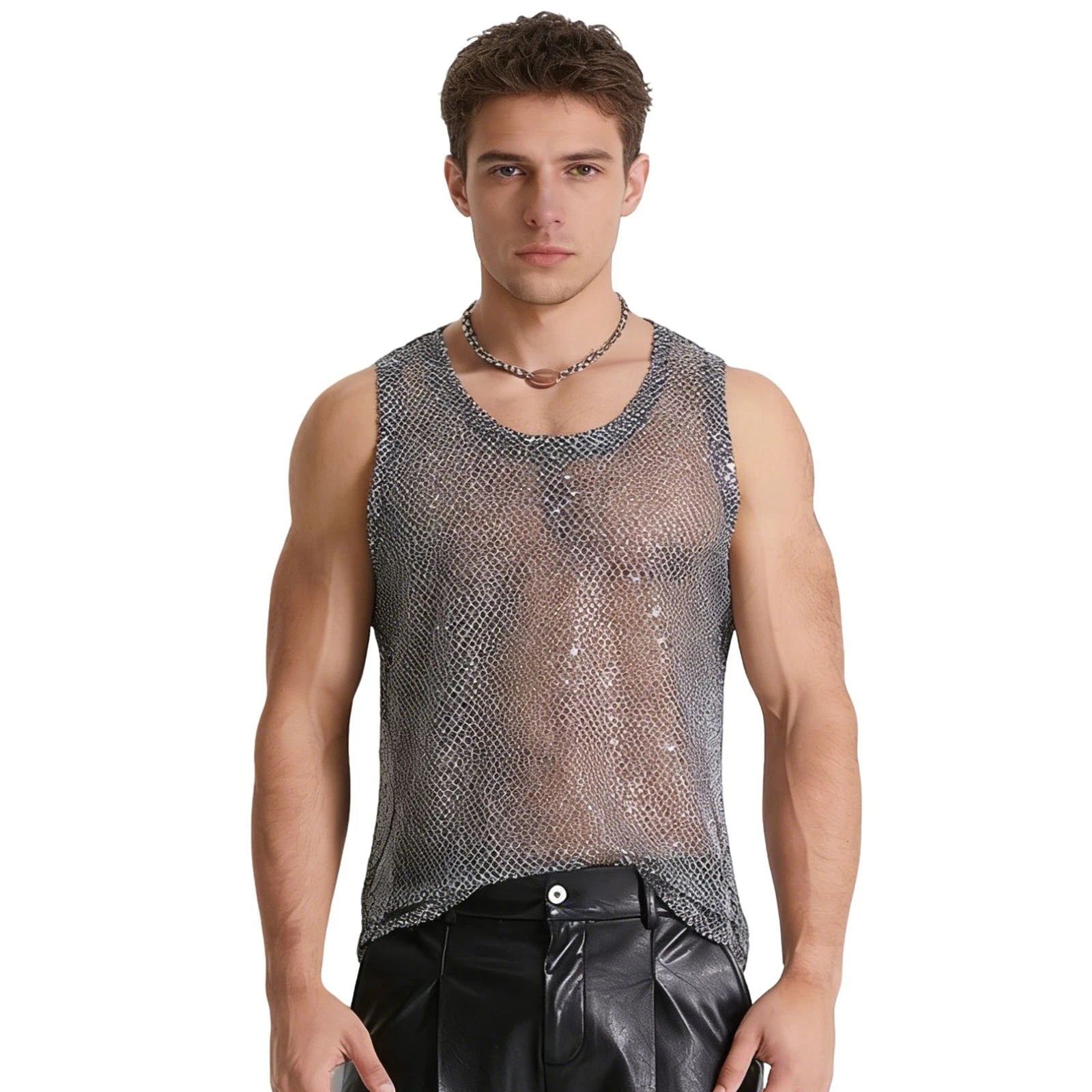 Men Tank Stage Performance Top Round Neck Vest Trendy Clubwear Loose Fit Edgy