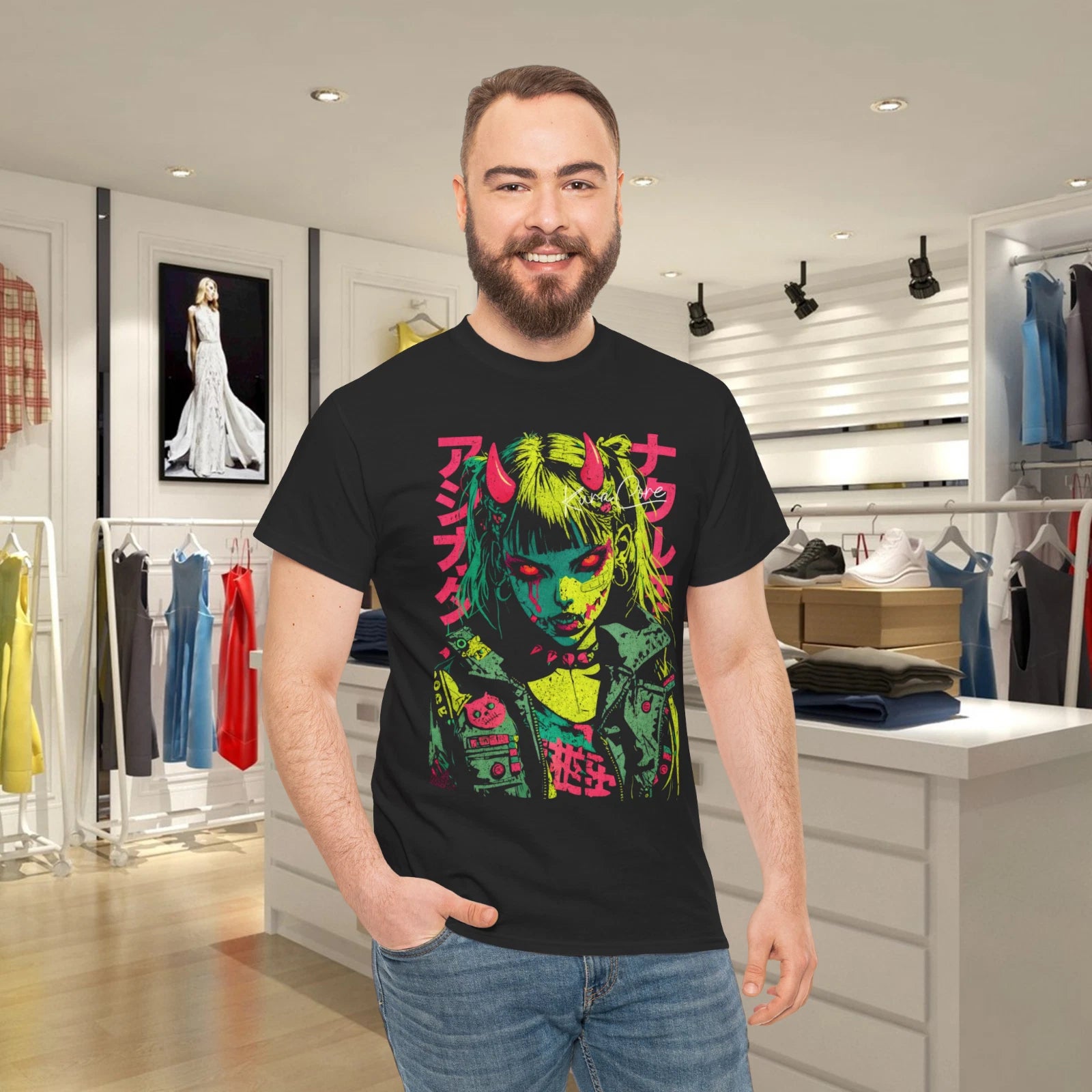 Japanese Punk Demon Girl Neon Horror Graphic T-Shirt Unisex