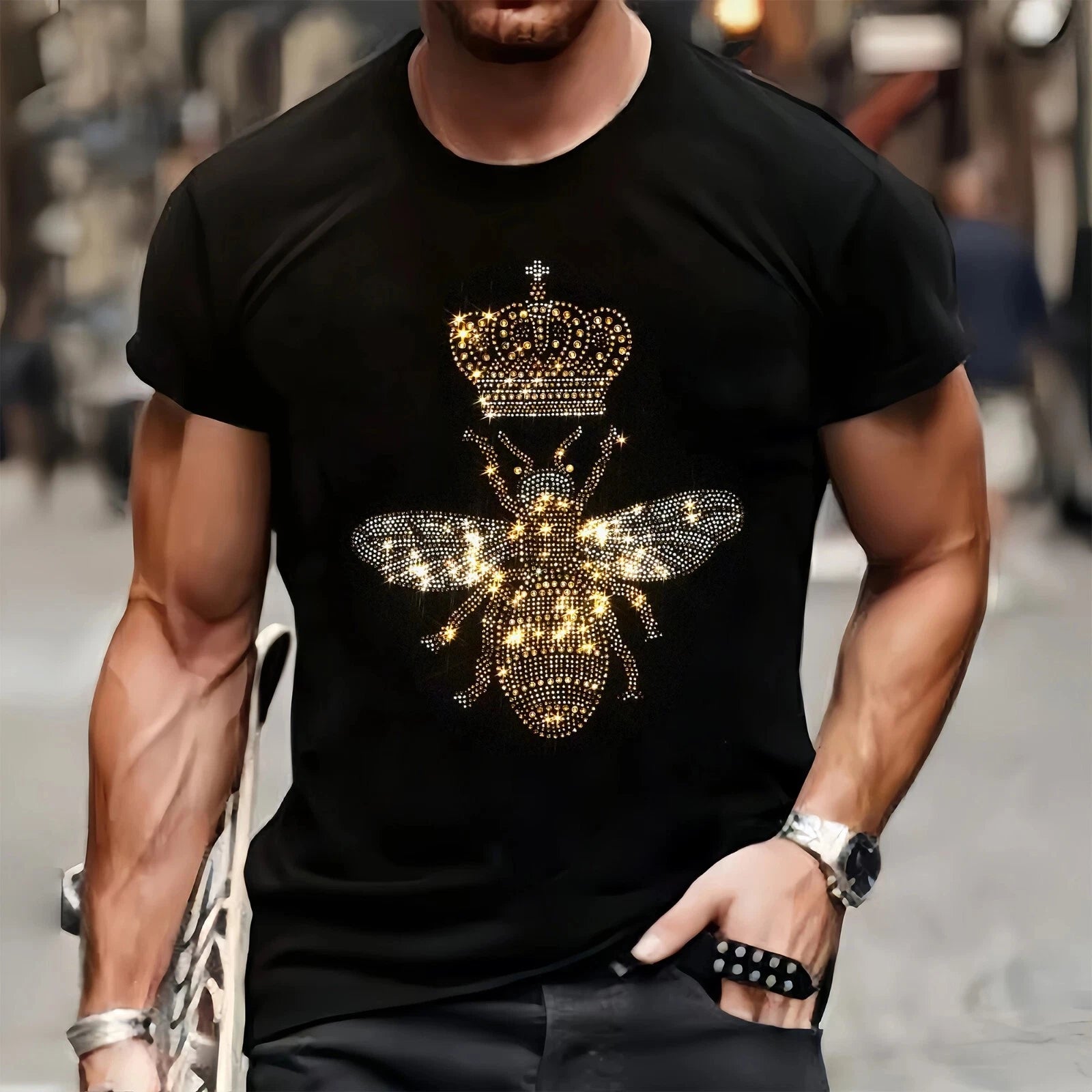 New Men Luxury Diamond Bee Crown Rhinestones Fashion Black T-Shirt High Quality