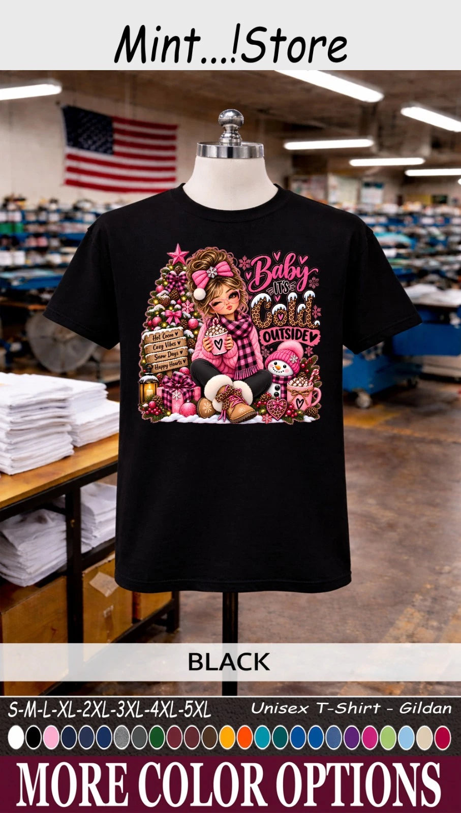 Cozy Winter Girl T-Shirt, Christmas Snowman Hot Cocoa Graphic Tee Image 1 of 4