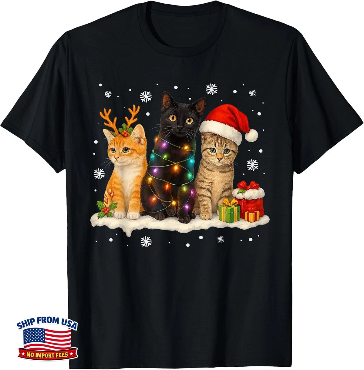 Cute Christmas Cats with Santa Hats Reindeer Xmas Holiday Tee