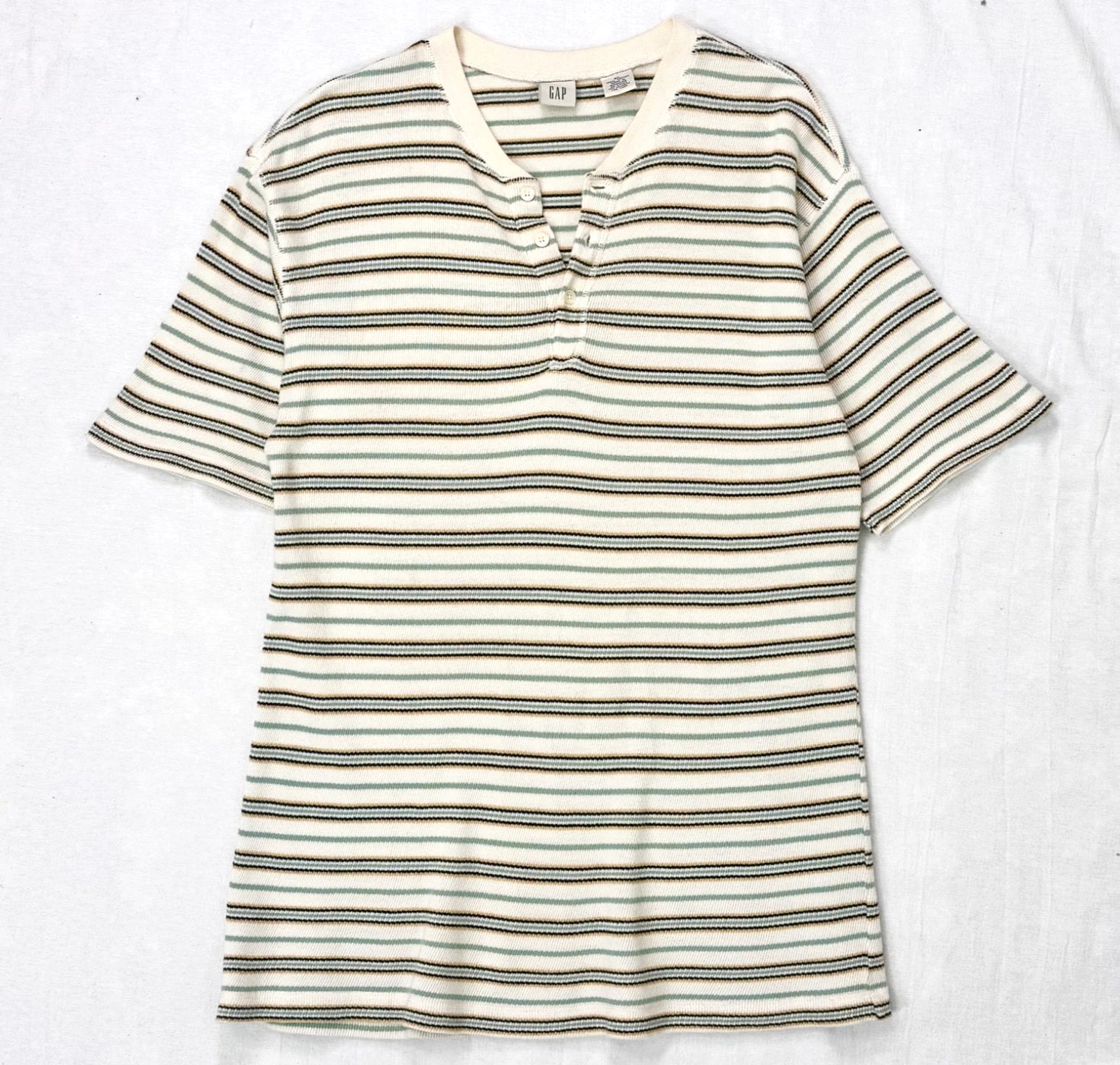 Vintage GAP Mens Short Sleeve Striped Henley 90s Grunge Skater Cotton Shirt XL