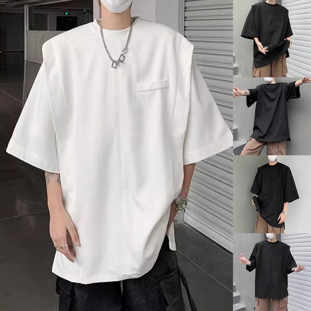 Loose Fit Crew Neck Short Sleeve Top for Men Solid Color High Street Style