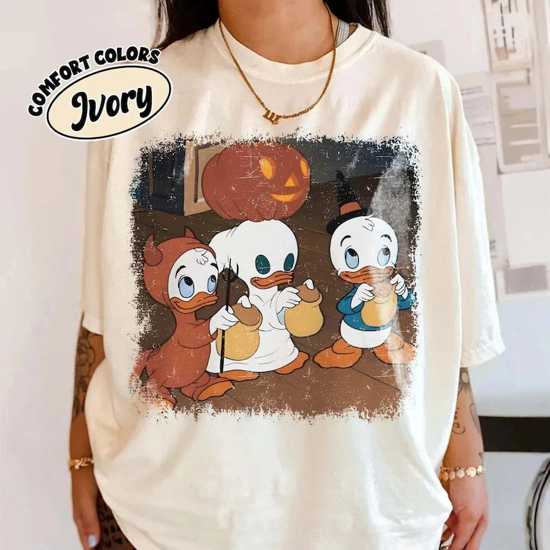 Cute Halloween Duck Shirt, Vintage Pumpkin Graphic Tee, Spooky Cartoon Unisex