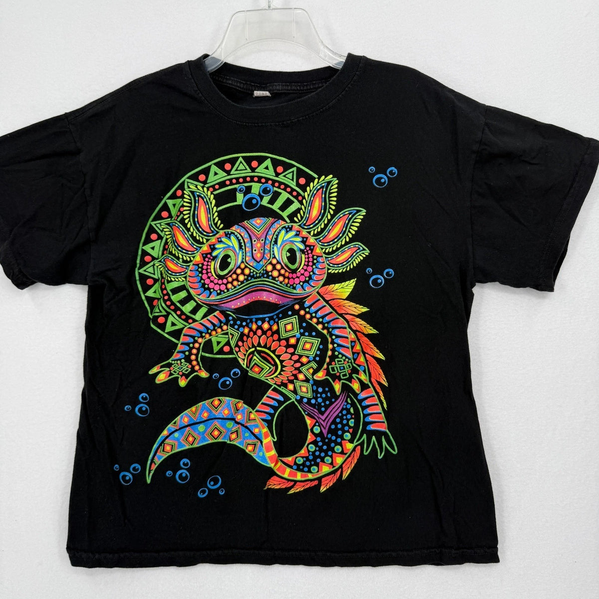 Axolotl Salamander Graphic Tee Mens Large Black Neon Psychedelic Tribal Print