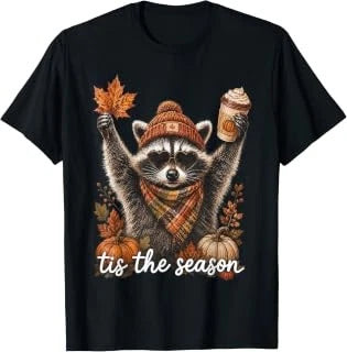 Funny Fall Raccoon Pumpkin & Coffee Autumn T-Shirt - Tis The Season