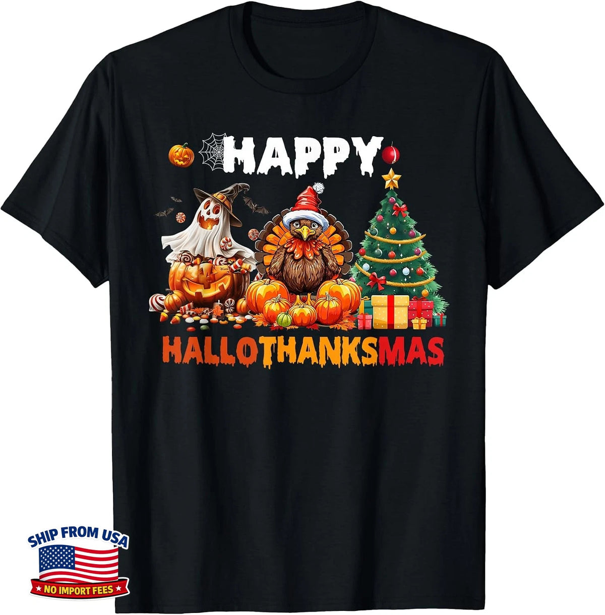Halloween Thanksgiving Christmas Happy Hallothanksmas T-Shirt Retro Gift