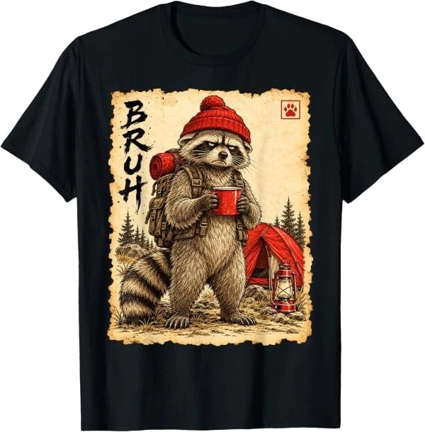 Raccoon Camping Camper Japanese Retro Art Capybara T-Shirt