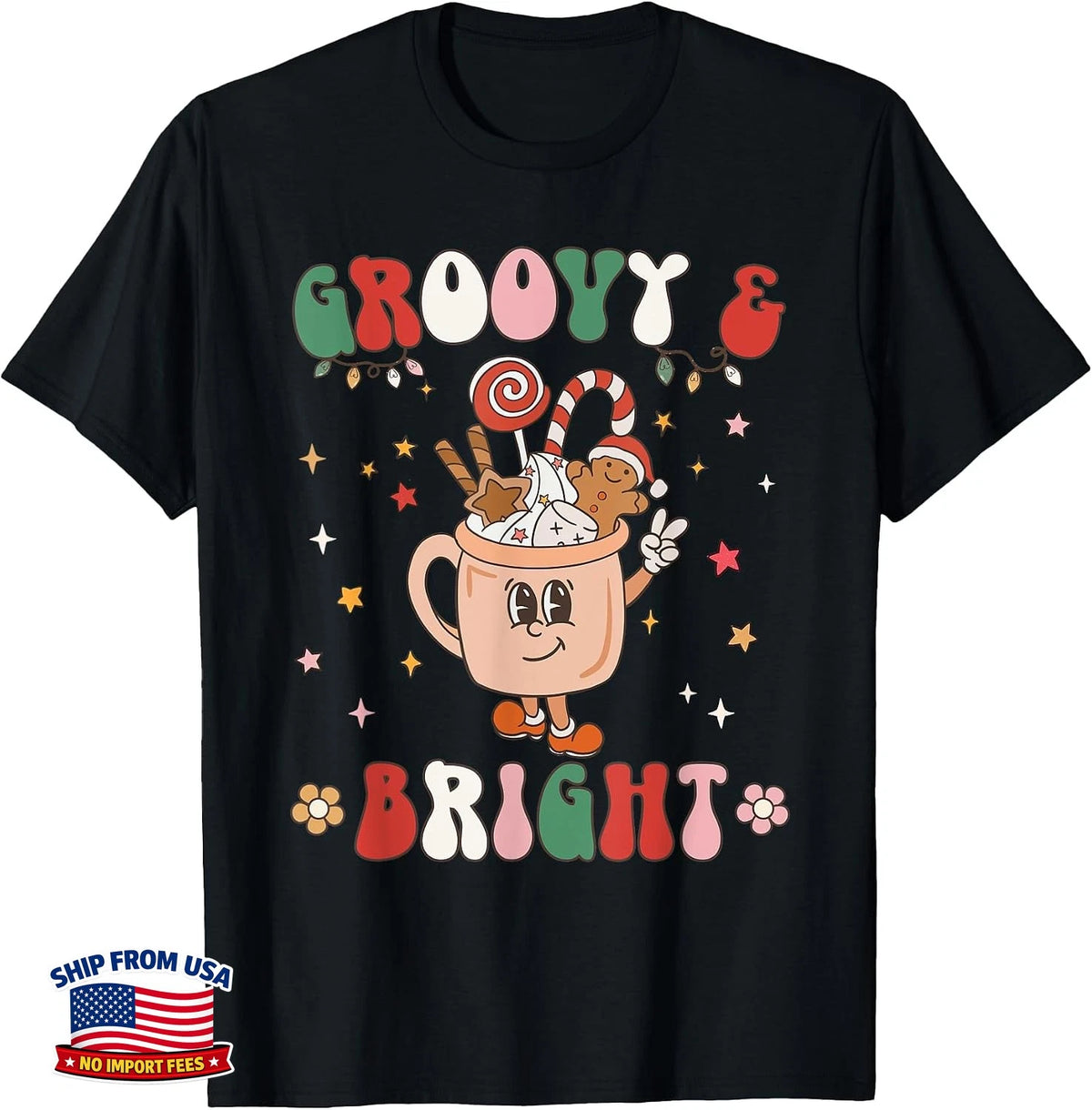 Christmas Groovy & Bright Hot Cocoa Hot Chocolate T-Shirt Retro Holiday Gift Image 1 of 4