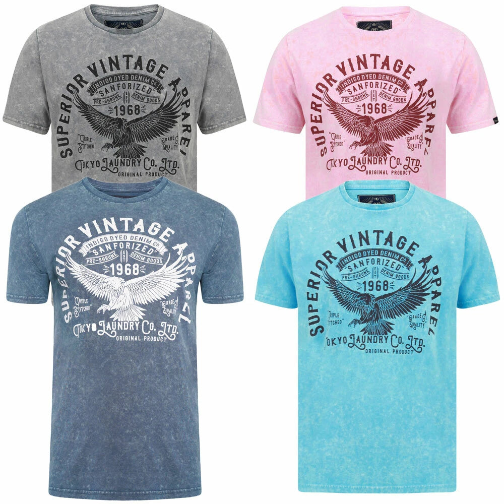 Tokyo Laundry Men's Springfield Crew Neck T-Shirt Top Acid Wash Vintage Retro