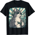 Retro Gamer T-Shirt Featuring Gray Tuxedo Cat with Headphones Design