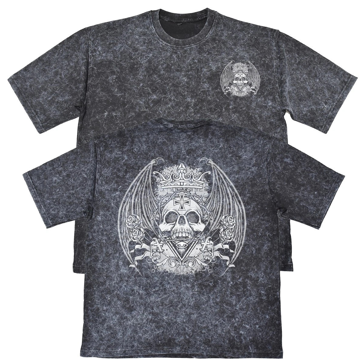 Skull Crown Wings Mens Carbon Grey Heavyweight 240gsm Vintage T-Shirt Biker Gift