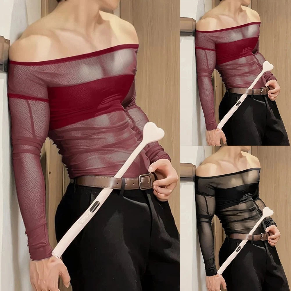 Men's Long Sleeve Off Shoulder Sheer T Shirt with Mesh Splicing Street Style