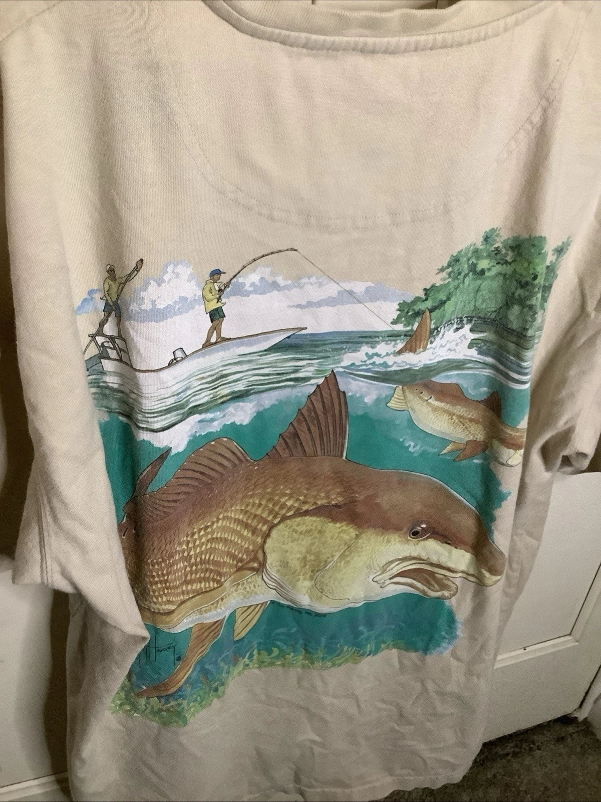 Guy Harvey Button Front T Shirt Men's XL  Beige Y2K 2005 Dad Core Redfish
