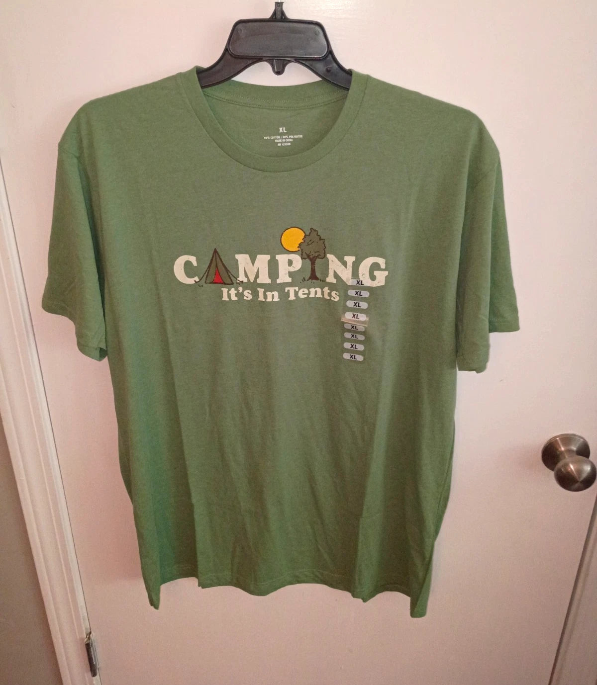 Men’s Camping “It’s In Tents” Graphic T-Shirt Green Crew Neck Short Sleeve XL