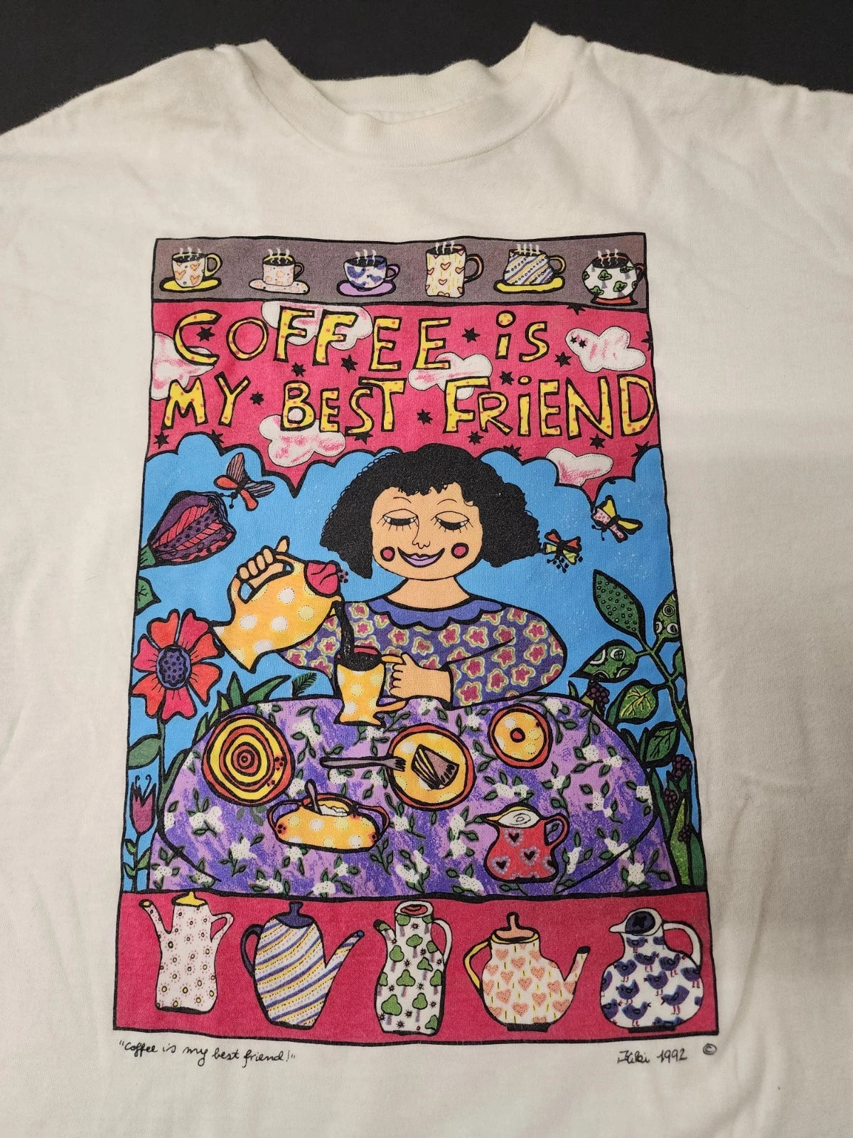 Vintage 1992 Kiki Suarez Book Woman Art T Shirt Coffee is my Best Friend Large Image 1 of 4