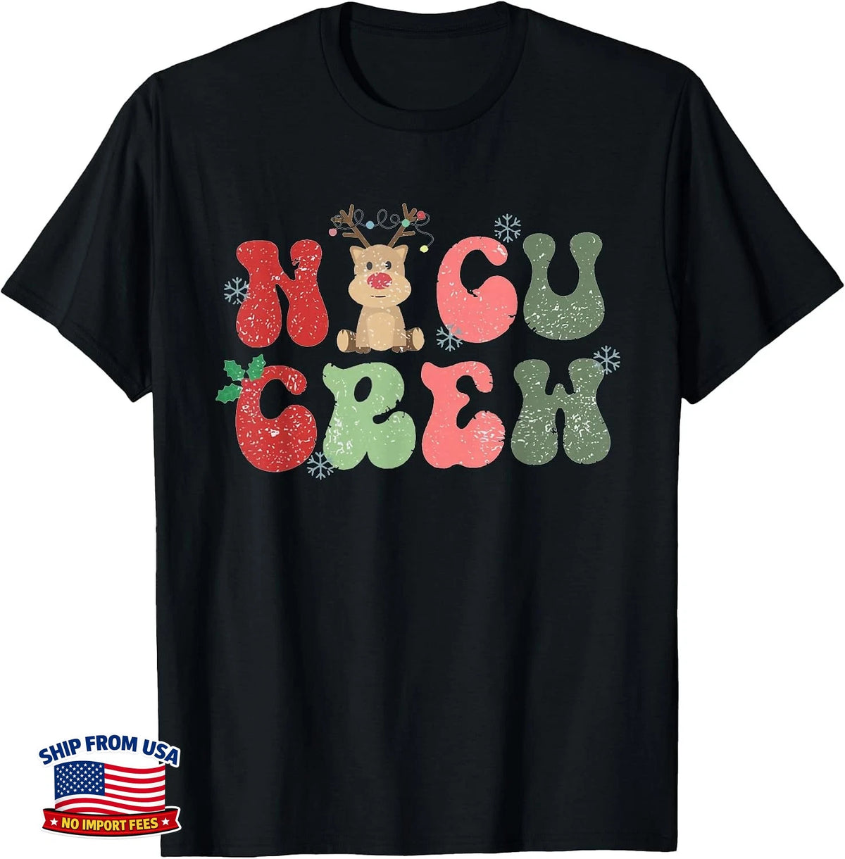 Retro Christmas Lights Reindeer NICU Crew Neonatal ICU Women T-Shirt Image 1 of 4