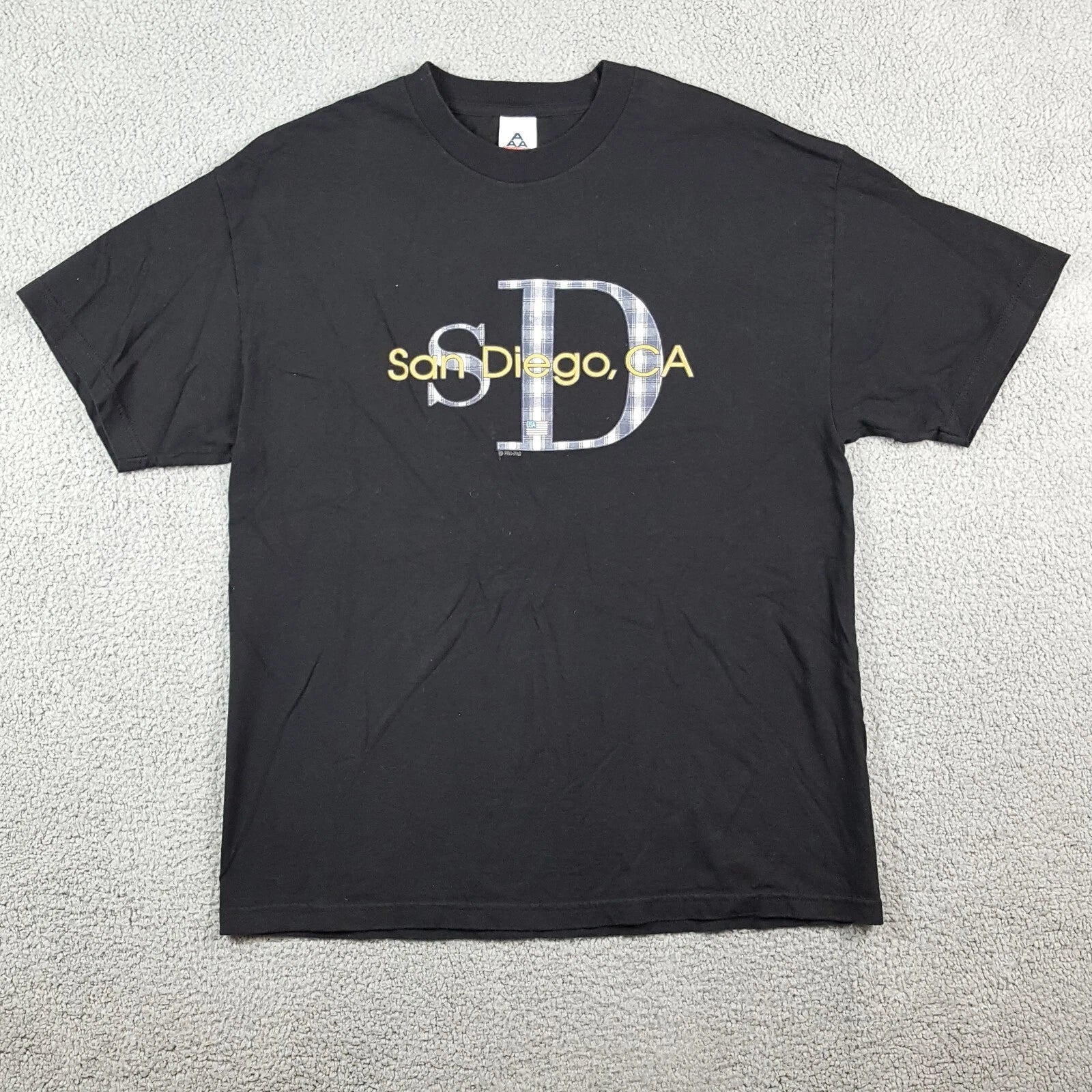 Vintage Sand Diego CA California Plaid Logo Men's XL Black Short Sleeve T Shirt