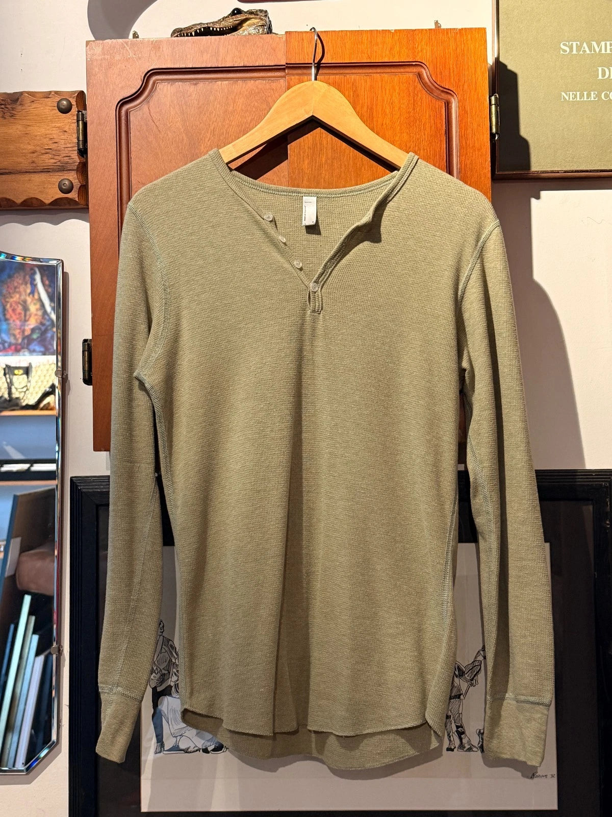 American Apparel Dexter Morgan Kill Shirt Mens M Olive Green Thermal Henley USA