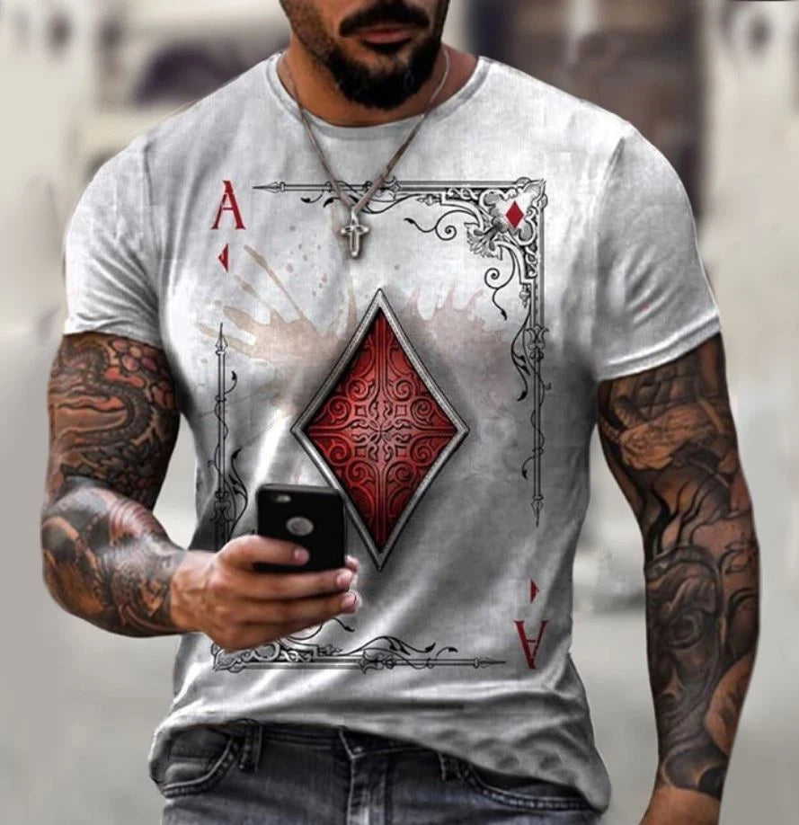 Men T-Shirt White Ace of Diamonds Poker Playing Card Vintage Short Sleeve Tee
