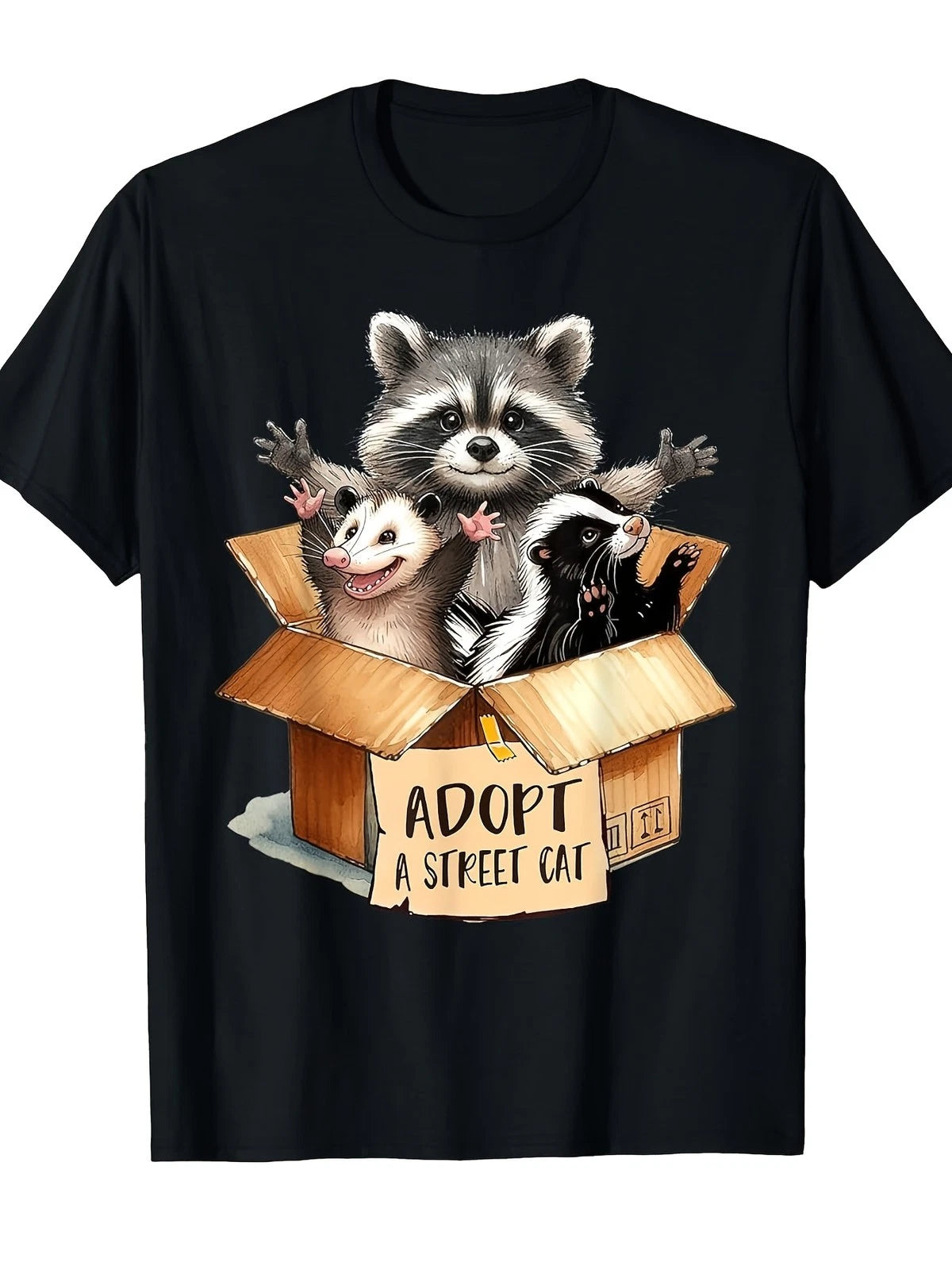 Adopt A Street Cat Funny Graphic Tee – Raccoon Opossum Skunk Humor Shirt