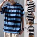 Trendy Men's Stripe Crew Neck T Shirt with Short Sleeves for Everyday Wear