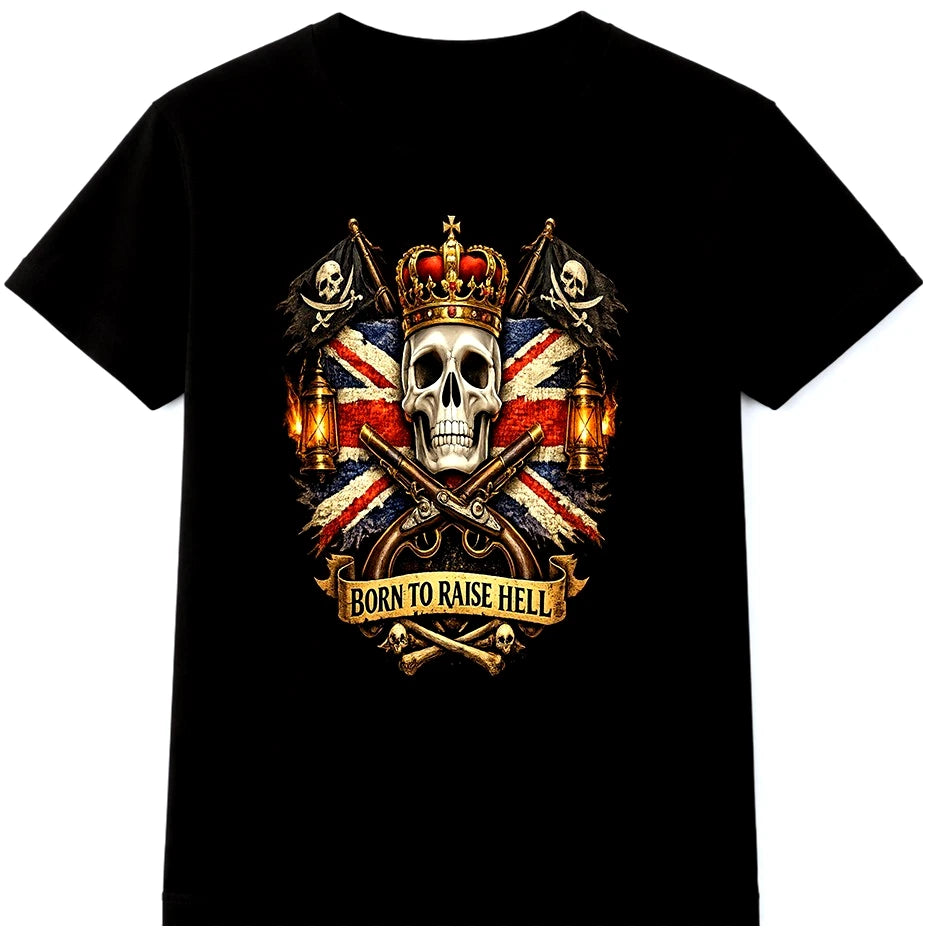 Skull Union Jack Pirate Biker T Shirt Crown Vintage Graphic Tee Mens Womens