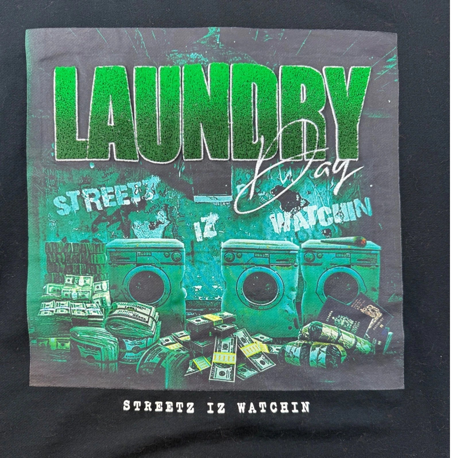 STREETZ IZ WATCHIN Black T Shirt Laundry Day Money Size M grunge streetwear y2k
