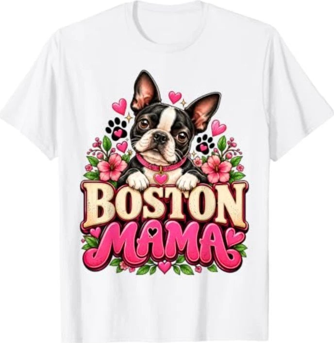 Boston Terrier Mama Cute Bostie Dog Lover Paw Print Mom T-Shirt