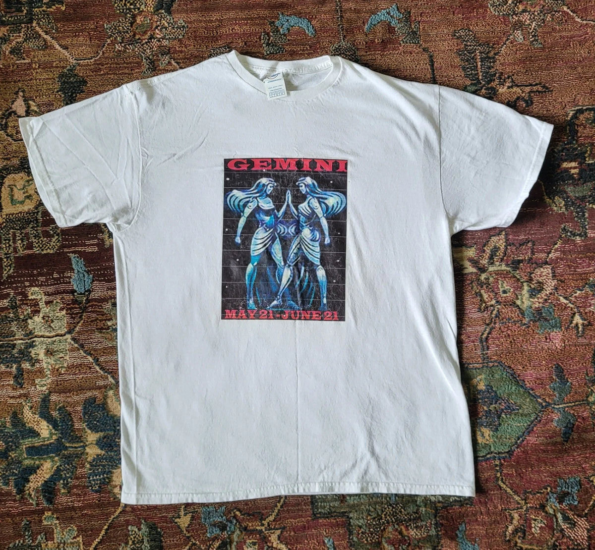 Vintage Y2K Gemini Graphic T Shirt Zodiac Astrology White Size L