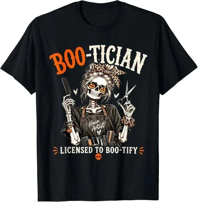 Boo-Tician Halloween Hair Stylist Skeleton Hairstylist T-Shirt Image 1 of 4