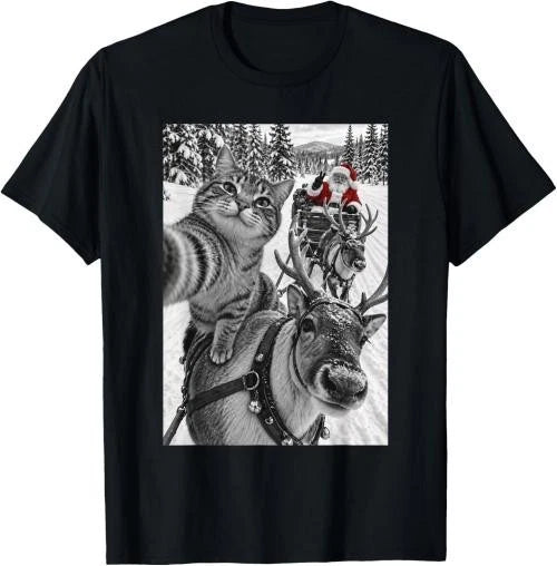 Christmas Cat Santa Claus Reindeer Selfie Short Sleeve All Size Shirt