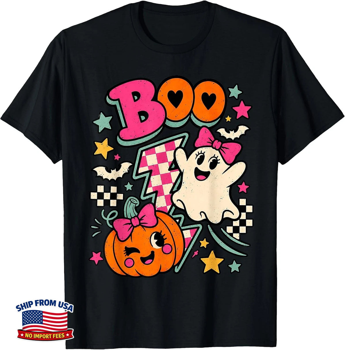 Boo Halloween Retro Checkered Ghost Pumpkin Coquette Women T-Shirt Spooky Season Image 1 of 4