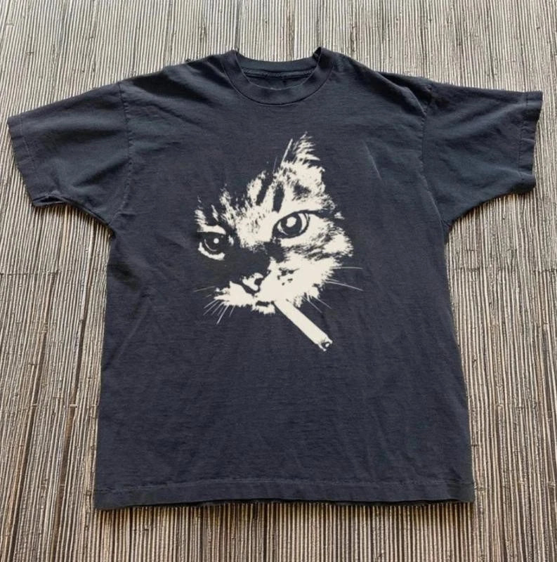 Cat Smoke Black Y2K Grunge Vintage Graphic Tee Unisex Animal Streetwear Gift Top