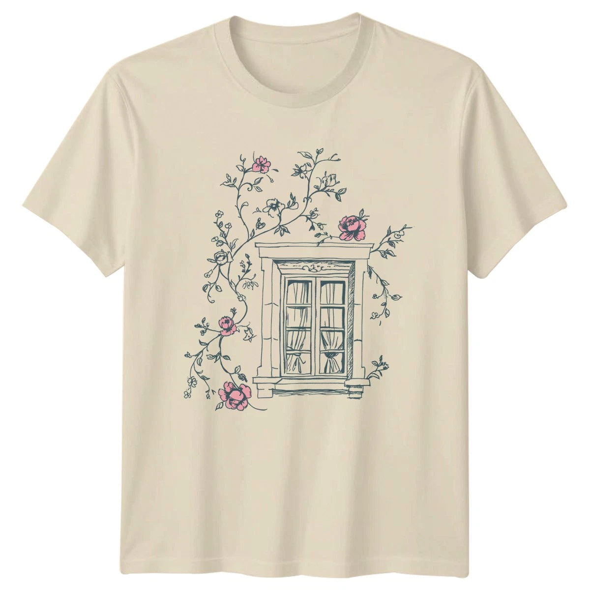 Vintage Sketch Of A Window Womens T-Shirt Climbing Roses Floral Aesthetic
