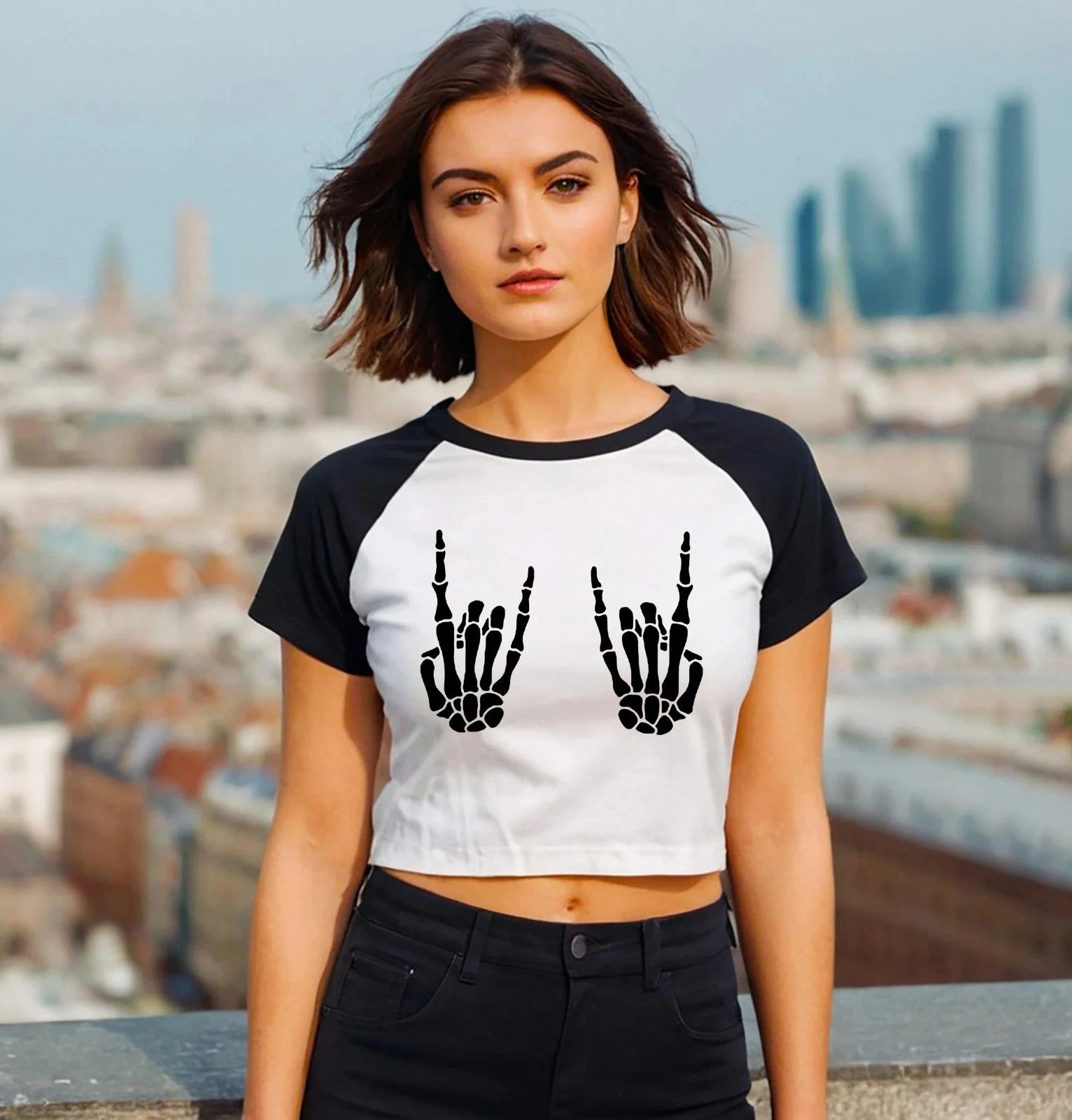 Creative Finger Bone | Skeleton | Girl Fashion | Novelty| Ladies Raglan Crop Top