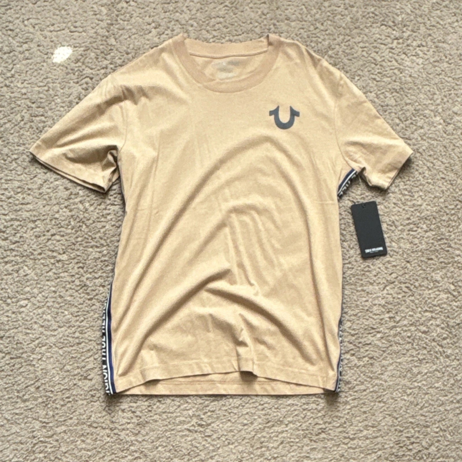 True Religion Men's Beige Short Sleeve Crew Neck Cotton Knit Logo T-Shirt