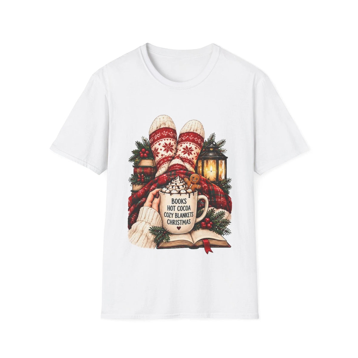 Cozy Christmas Reading Scene T-Shirt | Books, Hot Cocoa, Mittens Image 1 of 4