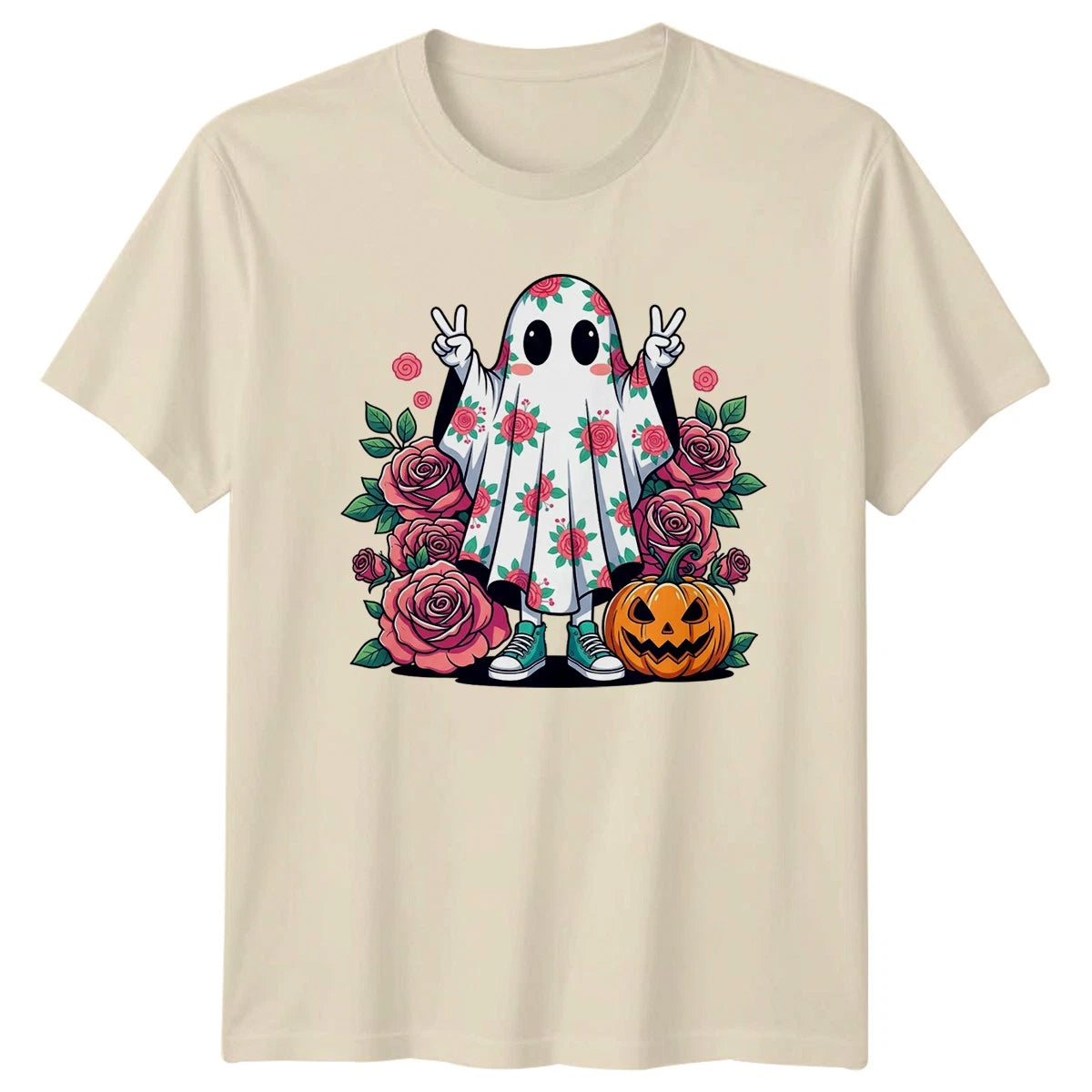 Floral Rose Ghost Peace Sign Womens T-Shirt Cute Ghost Halloween Gift For Her