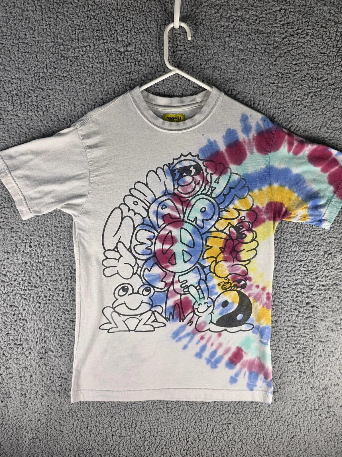 Market Shirt Mens Small Tie Dye Graphic Peace Sign Frog Smile Face 70s Retro