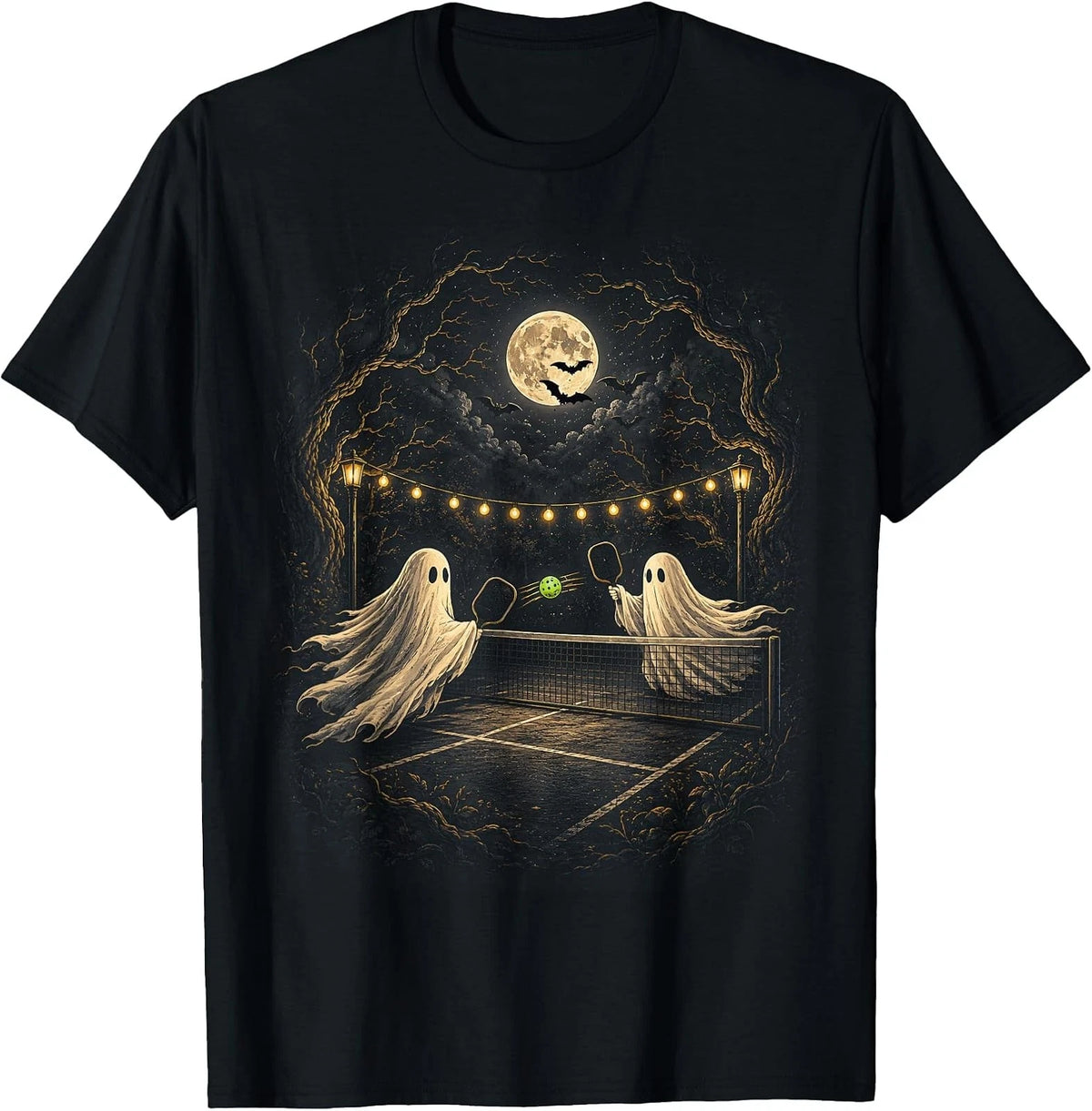 Ghosts on Court Full Moon Bats Ghostly Halloween Pickleball T-Shirt